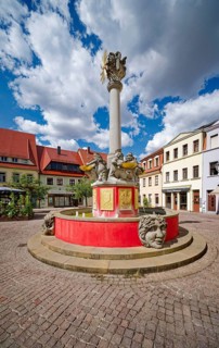 Altmarktbrunnen, Brunnen auf dem Altmarkt by artist Joachim Zehme, Oschatz, Saxony, Germany