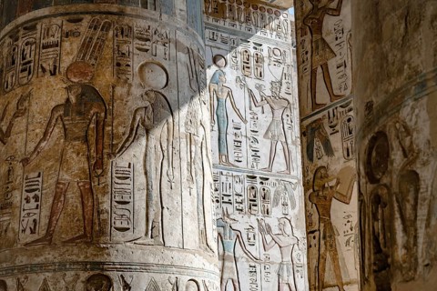 Close up details of ancient Egyptian history shown in reliefs and hieroglyphs inside Medinat Habu,