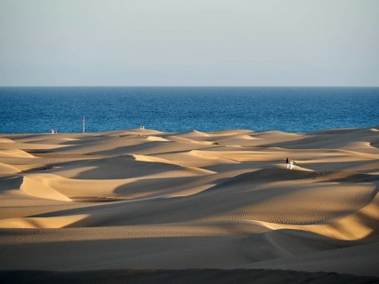 Softly lit dunes cast long shadows towards the sea, Maspalomas Dunes, Gran Canaria, Spain