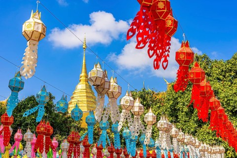 Colourful lanterns lined up in the Wat Phra That Doi Suthep temple complex, Chiang Mai, Thailand
