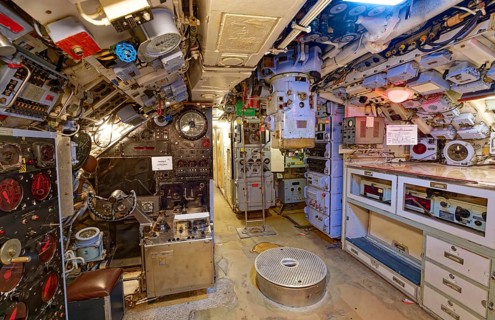 Museum submarine H.M.S.Otus. Control panel, vision tube, periscope. Sassnitz, Mecklenburg-Western