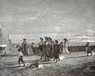 Returning from work. Women and children on a coast, a small group of woman in traditional clothing,