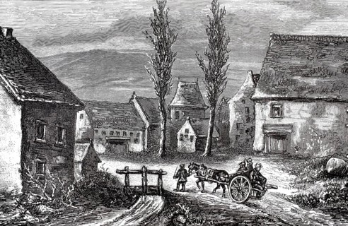 Transport of prisoners: a wooden horse-drawn cart, carrying several people, travels along an