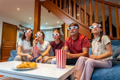 Family members sitting together on a comfortable sofa in their living room, wearing 3d glasses,