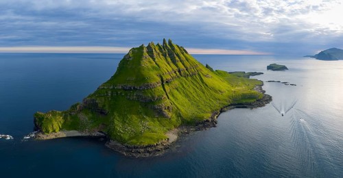 Tindhólmur, distinctive, steeply towering island, Vágar, Faroe Islands, Denmark