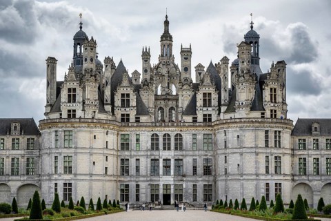 Northwest view, detailed view of the monumental Renaissance Château de Chambord castle with its