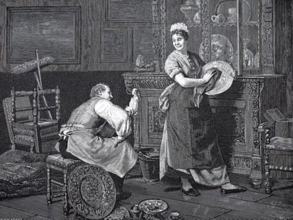 Spring cleaning. In the foreground is a young housemaid or servant in traditional traditional