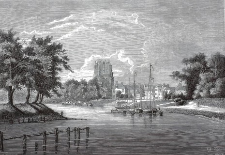 Oldehove in Leeuwarden, Leuwarden, view of the city from the Harlinger Trekvaart river. The