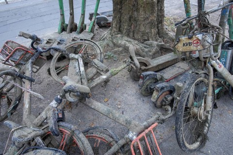 Heavily silted e-bikes and e-scooters recovered from the Rhine show the consequences of improper