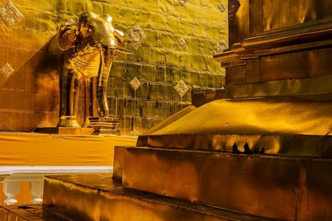 Gilded elephant statue in the Wat Phra Singh Buddhist temple complex, Chiang Mai Old City Center,