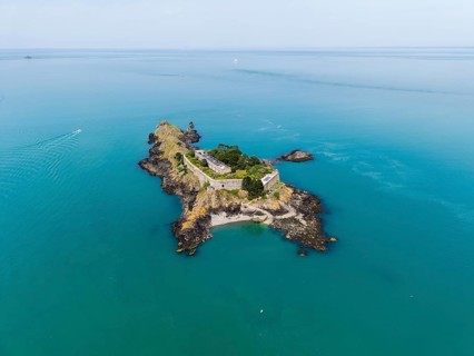 Aerial view of the historic Île des Rimains fortress island with the Fort des Rimains in the