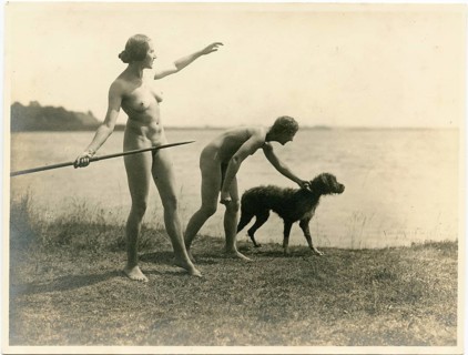 Life reform, naturism, naturism, nature, grace, naturism, two naked woman with dogs on the lakeside