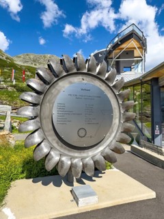 Original Isogyre pump turbine for energy generation with hydroelectric power next to the staircase