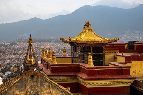 Golden pagoda roof, Swayambunath Buddhist temple, also monkey temple, Buddhist building, Kathmandu,
