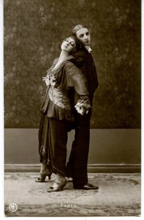 Tango, dance pose, twenties, relaxed tango dancing couple showing a calm, elegant pose in sepia,