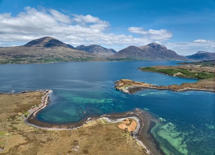 Panoramic aerial photo of the highland landscape at Loch Shieldaig, western Scotland, UK