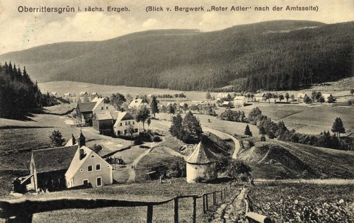 Oberrittersgrün in the Saxon Ore Mountains, view from the Red Eagle mine towards the official side