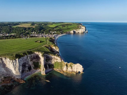 Aerial view of the Falaise d'Amont rock formation with the Porte d'Amont rock gate, Porte d'Aval