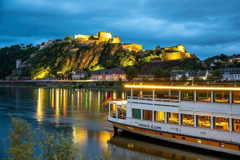 The Ehrenbreitstein Fortress, on the right side of the Rhine, opposite the Deutsches Eck, evening