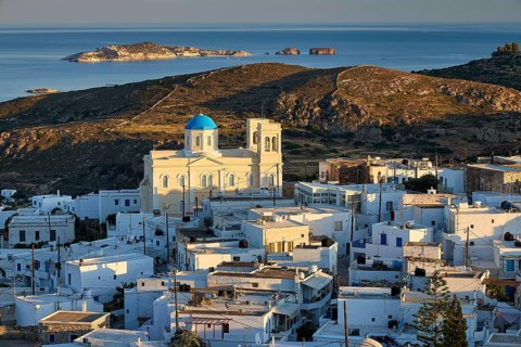 Church, Panagia Odigitria, coastal view of a white Greek village with a blue domed church over the