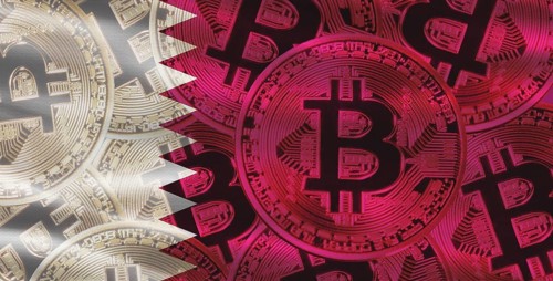 Bitcoin cryptocurrency with Qatari flag in the background. Investors in Blockchain Technology with