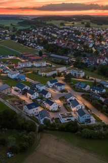 Aerial view of residential area at sunset with modern architecture, Gechingen, Hecken and Gäu