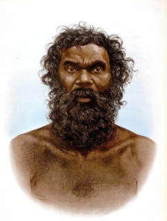 Historical color lithograph of an Australian Aboriginal man, picture showing a detailed chest