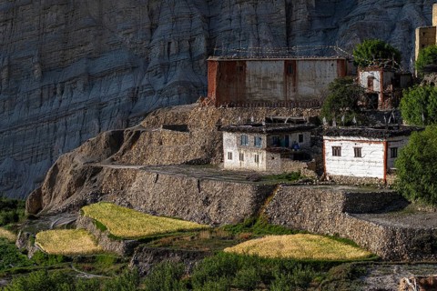 Settlement, small village with terraced fields, traditional clay houses and small Buddhist temple