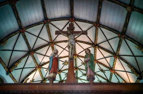 Interior view of Jesus on the Cross, church ceiling, St Ia's Church, St Ives, Cornwall, England,