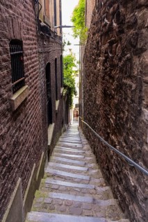 A narrow steep alley in the old town of Liege, Belgium
