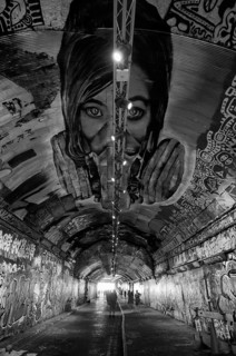 Portrait of a woman on the ceiling, legal, temporary graffiti in the graffiti tunnel, Leake Street