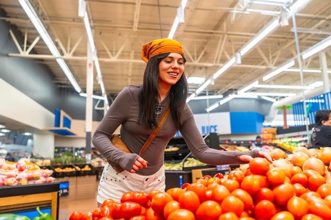 Young woman wearing a headscarf and brown long sleeve shirt selecting ripe red tomatoes from a