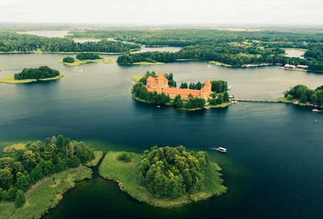 Trakai Island Castle Lithuania aerial view medieval fortress lake Galve panoramic landscape