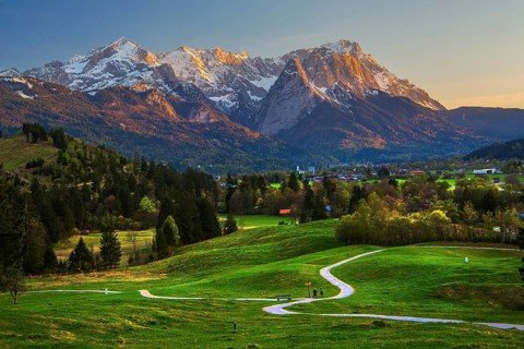 Hiking trail, Philosophenweg with the Zugspitze Group 2962m at sunset in spring, Farchant near