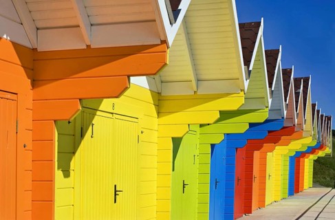 Colourful beach huts on the north beach of Scarborough in northeast England, Great Britain