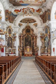 Magnificent baroque interior with ornate ceiling frescoes and stucco work by the Cathedral of Our