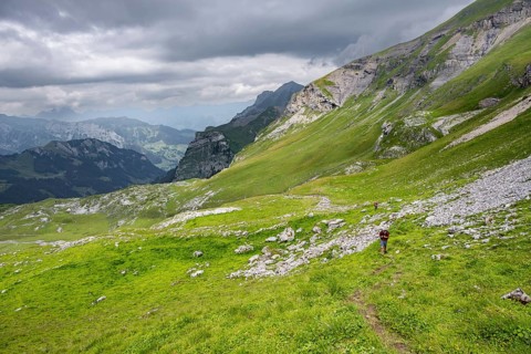 Hikers in Grüner Berglandschft, Kienboden, Bernese Alps, Bernese Oberland, Switzerland