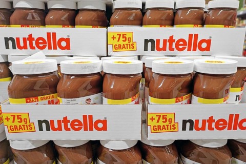 Dossneheim, Germany - April 7th 2026: Multiple Nutella chocolate hazelnut spread jars in