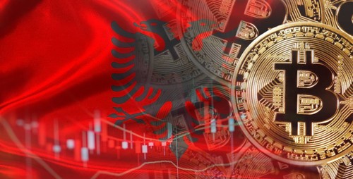 Bitcoin cryptocurrency with Albanian flag. Investors in Blockchain Technology with Albania flag