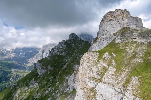 View of mountain landscape with peaks of the Tschingelgrat, clouds moving over mountain landscape,