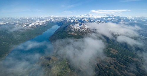 Chelatna Lake, Mt Foraker and Mt Denali or Mount McKinley, aerial view, Alaska Range, Denali