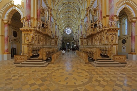 Baroque monastery church choir stühl, handicraft, interior view, former Cistercian abbey,