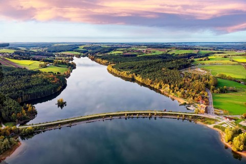 Aerial view, in front of Großer Brombachsee dam, back Igelsbach lake, front right Strandhaus