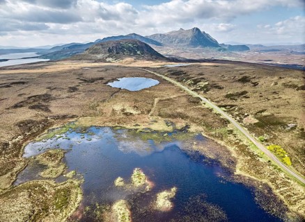 Panoramic aerial photo of the Highland landscape in Lettermore, Fainmore, northern Scotland, UK