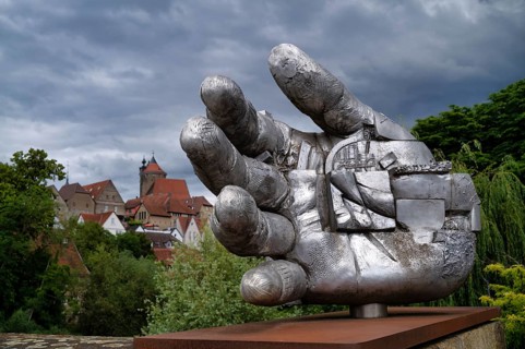 Steel sculpture THE HAND ON THE BRIDGE, Enzbrücke, behind Obere Burg, Schochenturm, Altstadt,