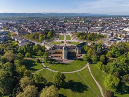 Aerial view of Karlsruhe Palace with Palace Square, Karlsruhe, Baden-Württemberg, Germany
