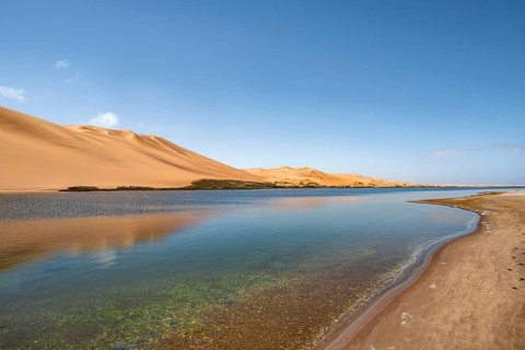 Sand dunes are reflected in Sandwich Harbour Lagoon, Impressive Desert Landscape, Namib Naukluft