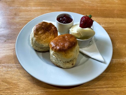 Cream tea with scones, clotted cream, jam, strawberry jam, on a plate, food, London, Great Britain,
