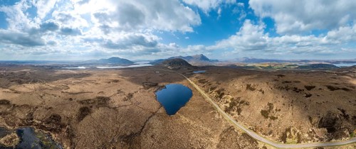 Panoramic aerial photo of the Highland landscape in Lettermore, Fainmore, northern Scotland, UK