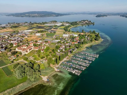 Aerial view of the island of Reichenau, in western Lake Constance, Untersee, with the marina,